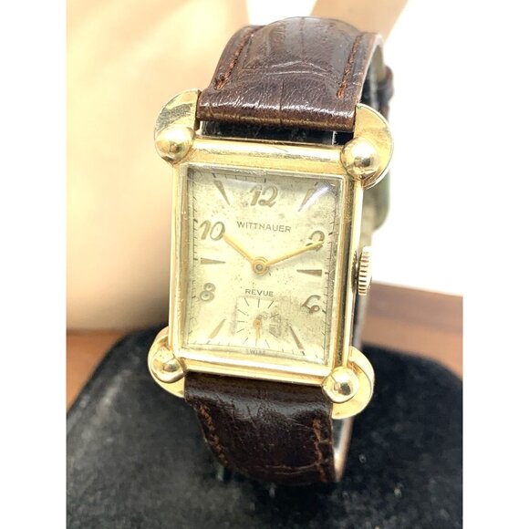 Wittnauer Revue Watch Swiss Mechanical Tank Vintage Gold Brown Leather Band 22mm